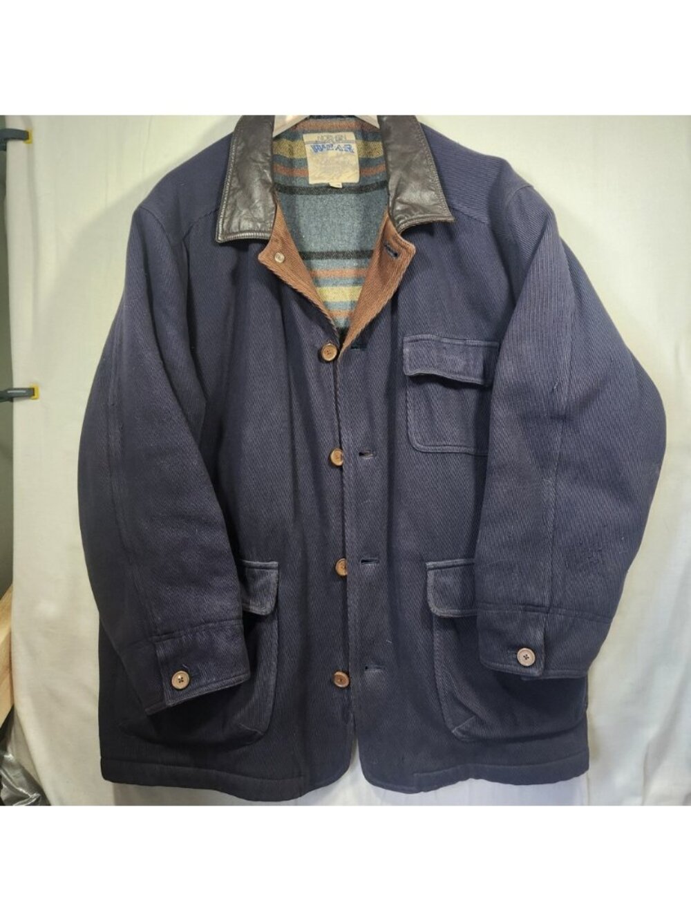 The Bay 1960s Cotton Wool Mens XL Barn Coat Navy Leather Collar Blanket Lined - Picture 2 of 14